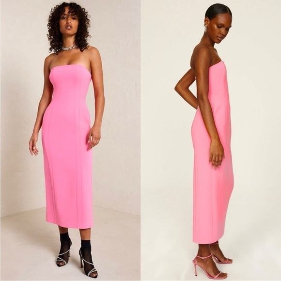 ALC Strapless Bubblegum Pink Crepe Cady Back Slit Fitted Sheath Midi Dress 4 - Picture 3 of 11